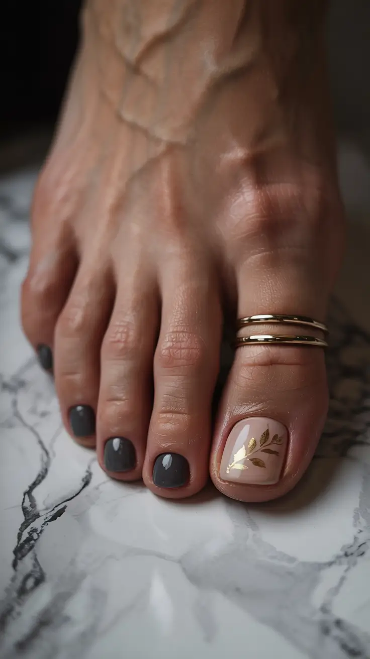 toe nails 2026 Graphite Matte With Golden Botanicals