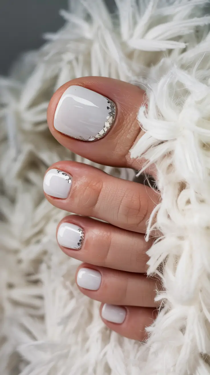 toe nails 2026 Frosted Vanilla With Silver Foil Fringe