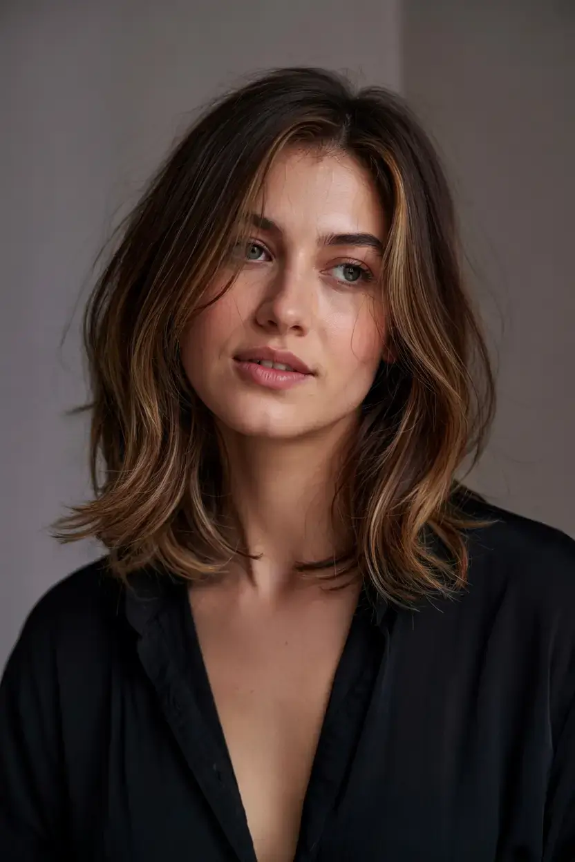 trendy Haircuts ideas 2026 Chin-Grazing Lob with Dimensional Brunette