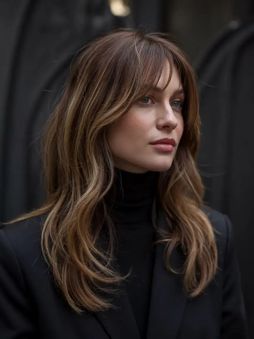 trendy Haircuts ideas 2026 Bronze Balayage with Parisian Bangs