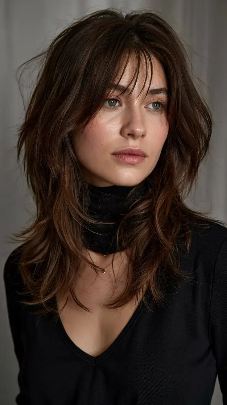 trendy Haircuts ideas 2026 Mussed-Up Layers with Choppy Curtain Bangs