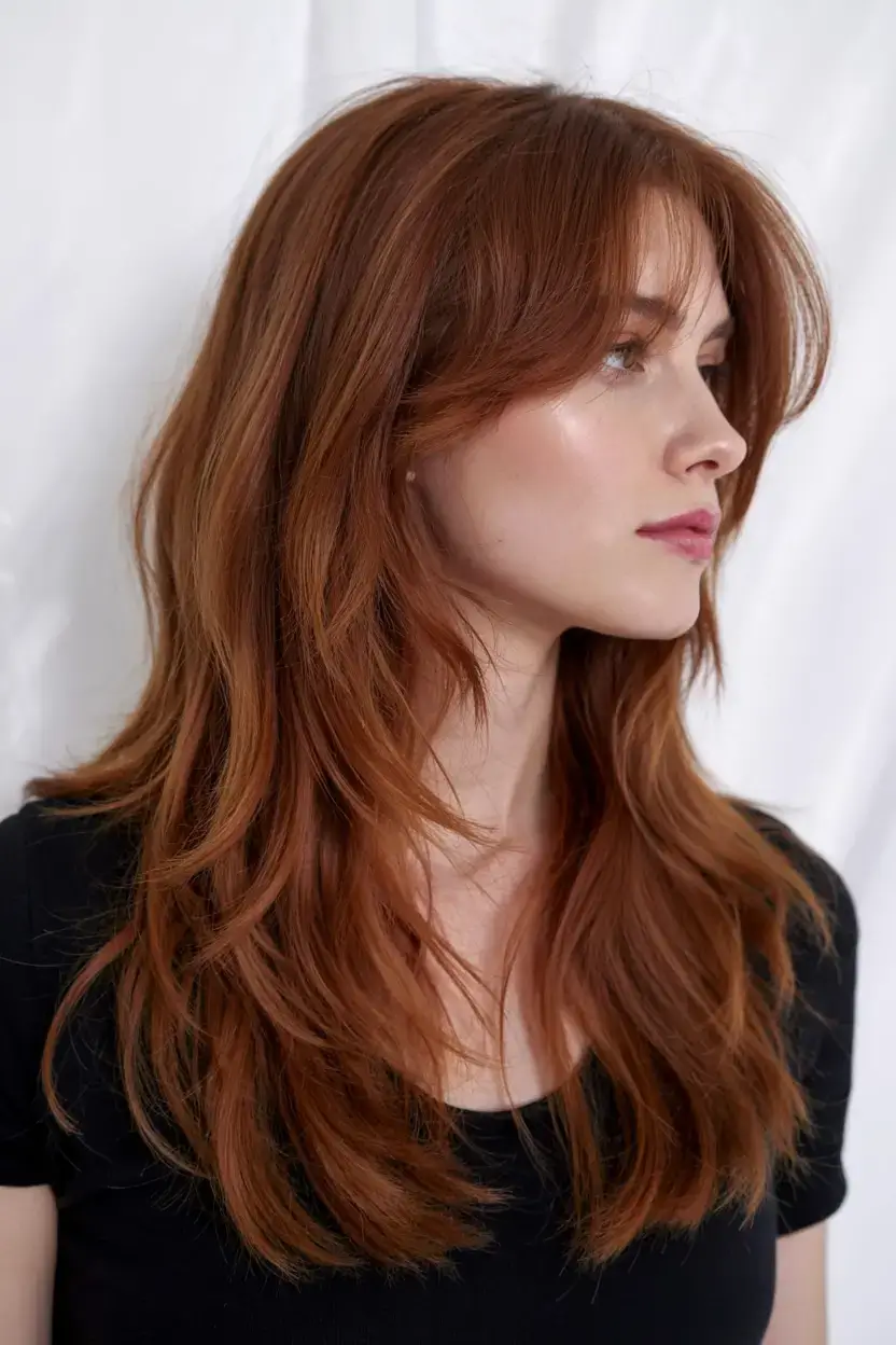 trendy Haircuts ideas 2026 Copper Soft Layers with Feathered Curtain Fringe