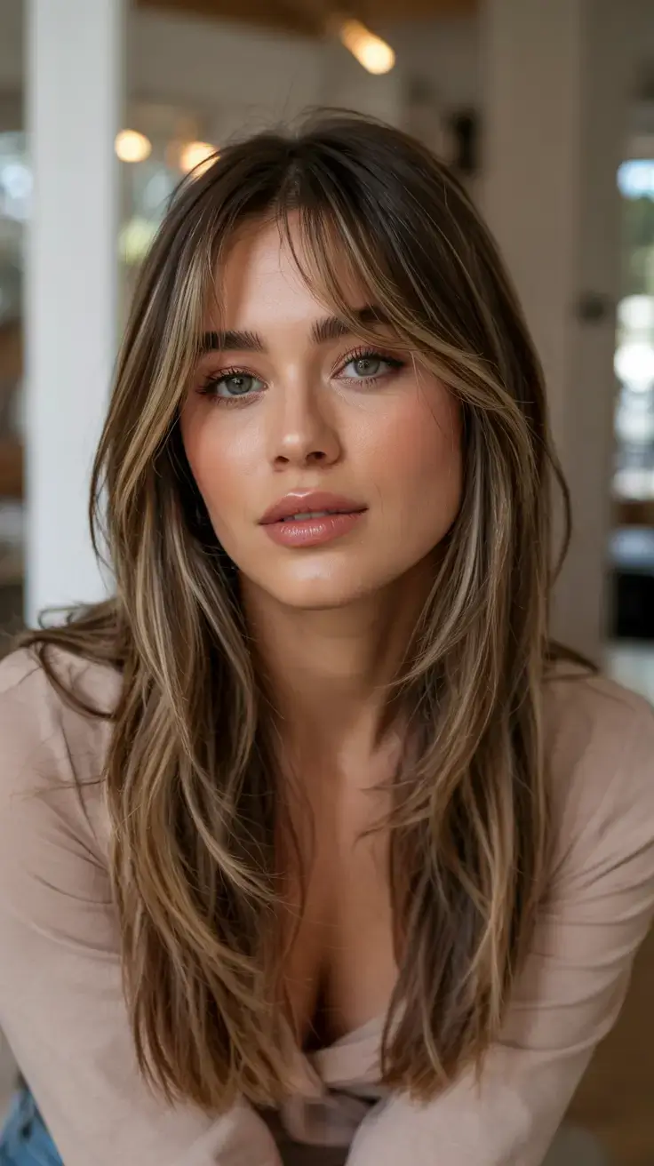 trendy Haircuts ideas 2026 Vanilla Latte Waves with Modern Curtain Bangs