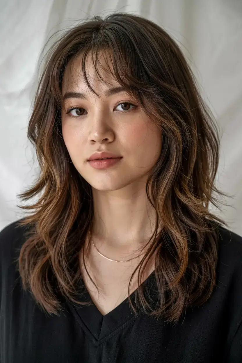 trendy Haircuts ideas 2026 Choppy Textured Layers with Korean-Inspired Fringe