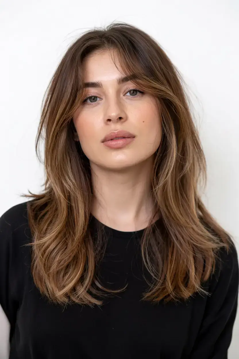 trendy Haircuts ideas 2026 Layered Caramel Blend with Center Part