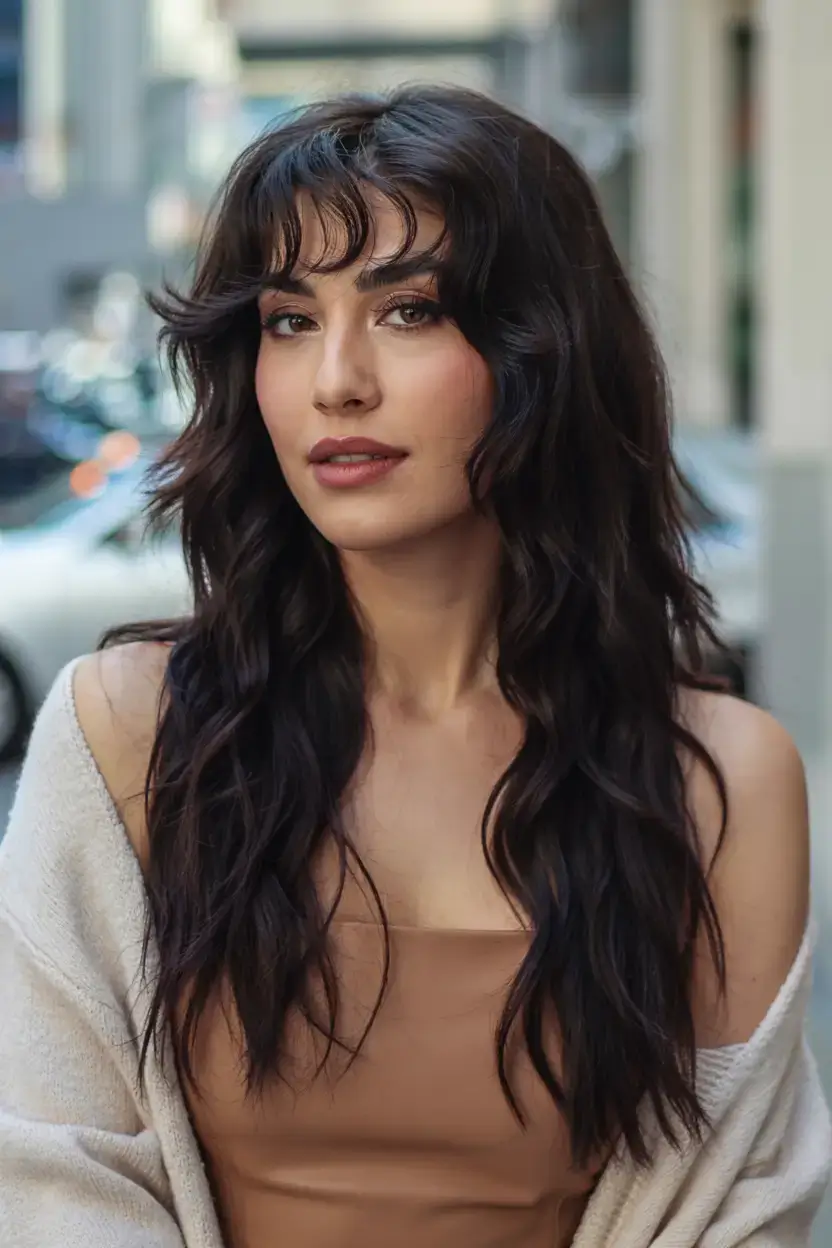 trendy Haircuts ideas 2026 Razor-Cut Mermaid Layers with Bardot Bangs