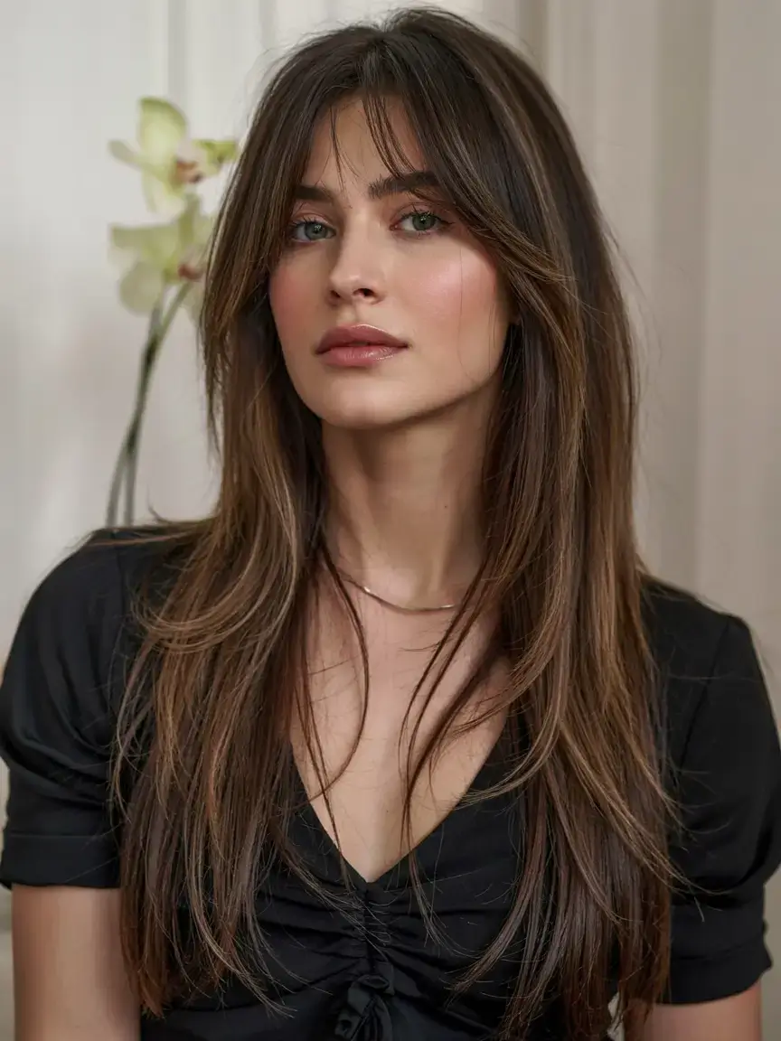 trendy Haircuts ideas 2026 Glossy Layers with Sleek Curtain Bangs