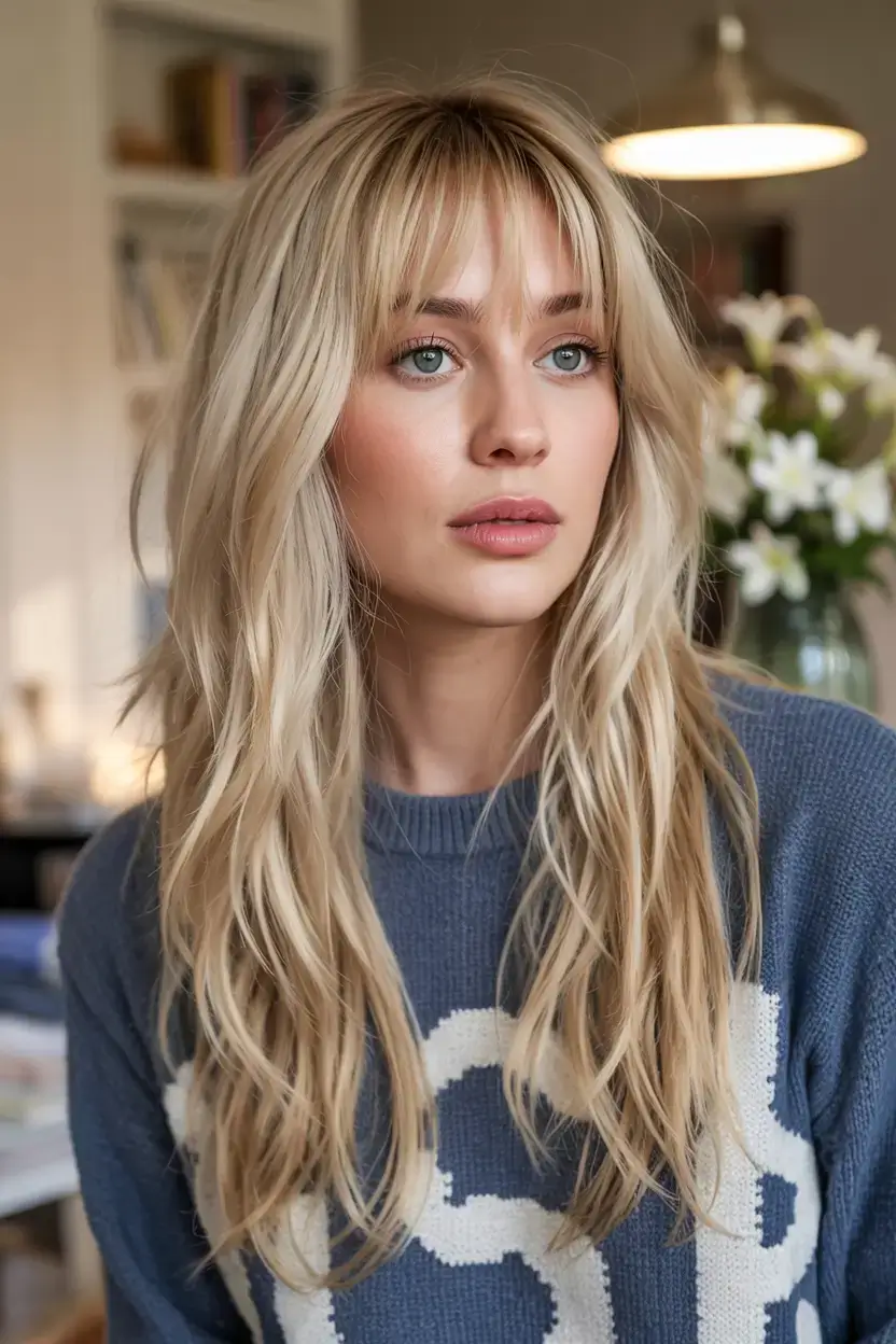 trendy Haircuts ideas 2026 Soft Blonde Layers with Bottleneck Bangs