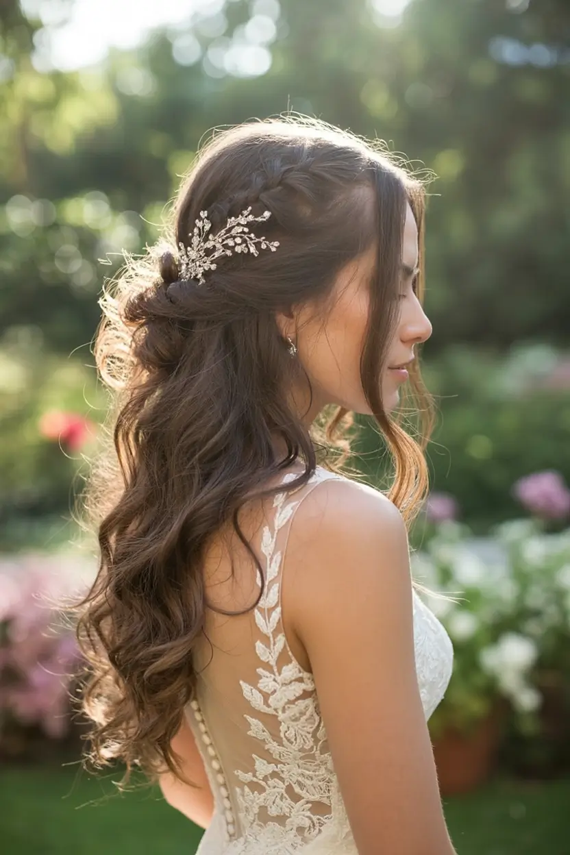 wedding hairstyle 2026 Braided Crown Half-Up with Garden-Inspired Sparkle