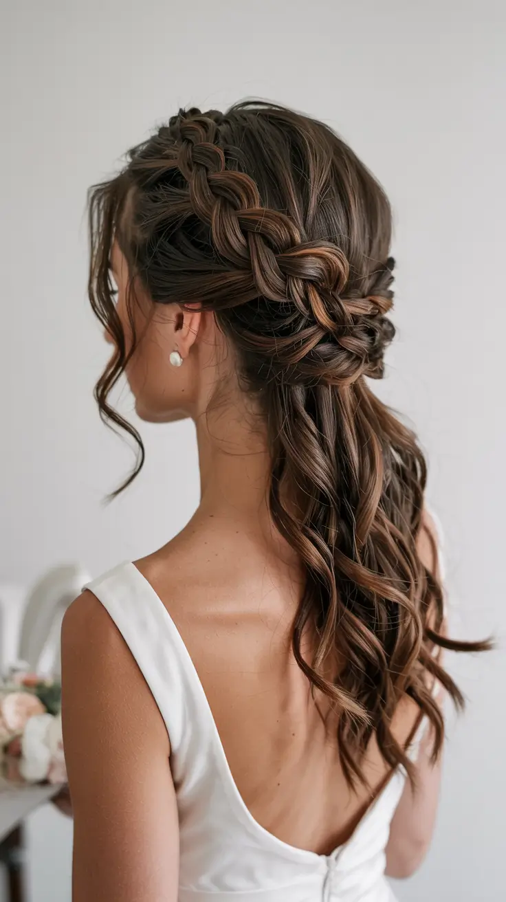 wedding hairstyle 2026 Loose Braided Crown with Cascading Curls