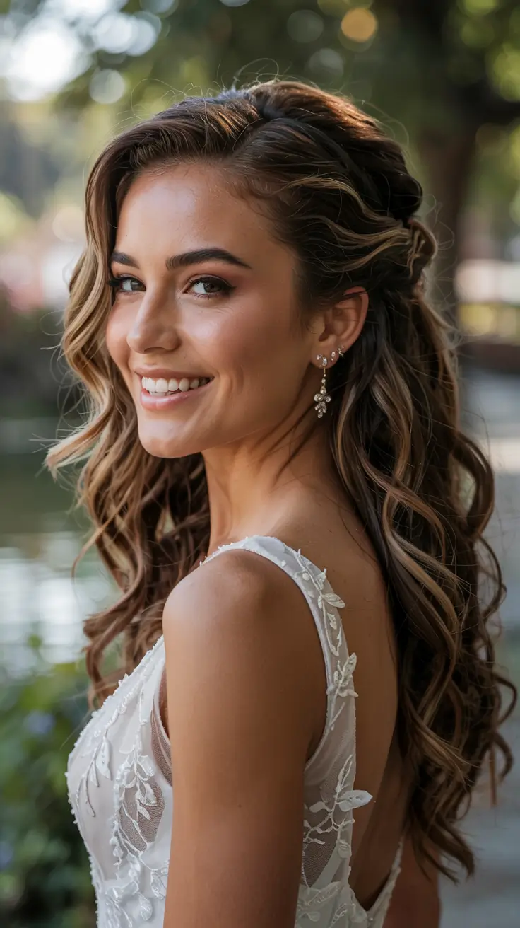wedding hairstyle 2026 Side-Swept Glam Waves with Bridal Lift