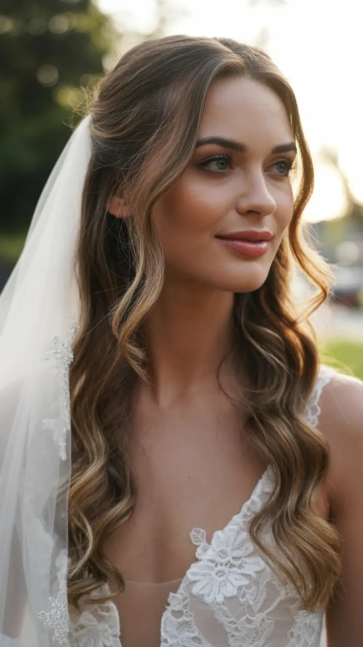 wedding hairstyle 2026 Half-Up Soft Waves with a Dreamy Veil