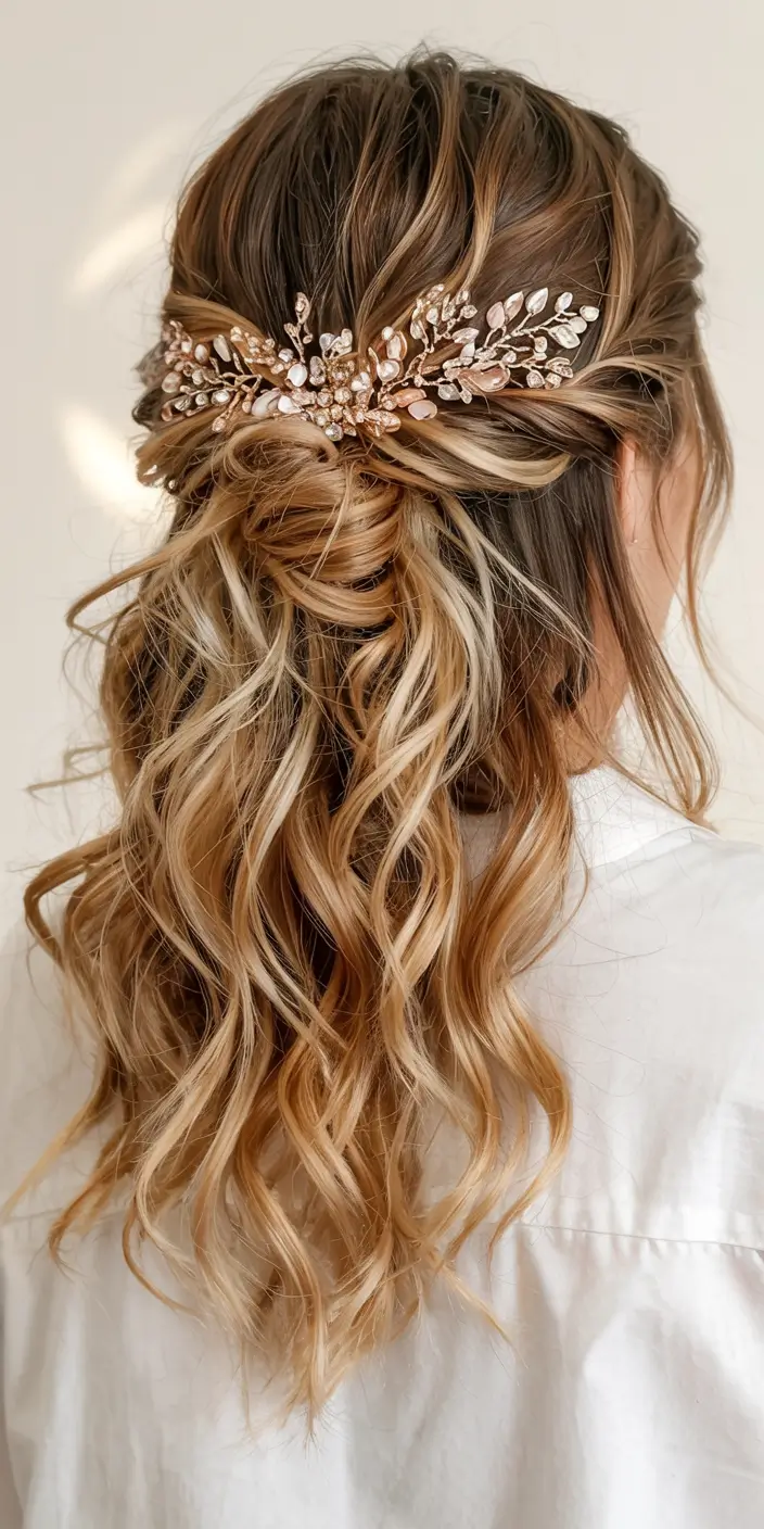 wedding hairstyle 2026 Golden Twisted Half-Up with Rose Gold Sparkle