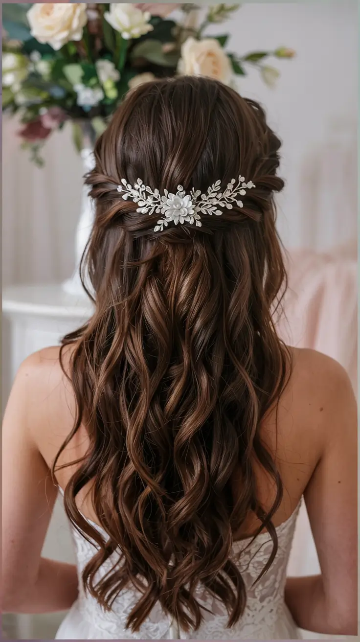 wedding hairstyle 2026 Boho-Inspired Half-Up with Floral Barrette