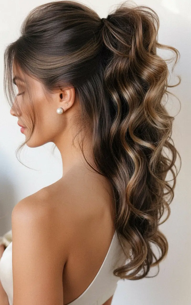 wedding hairstyle 2026 High Gloss Ponytail with Voluminous Curls