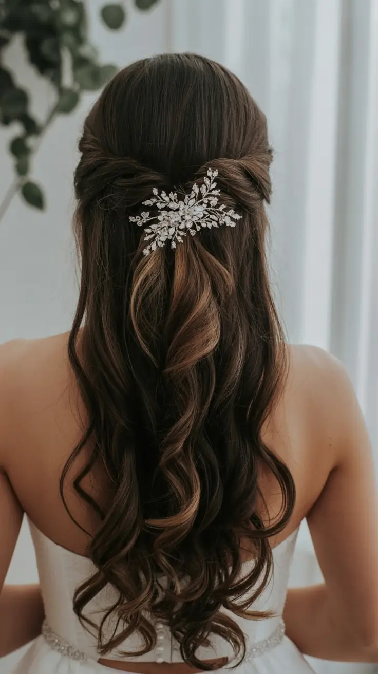 wedding hairstyle 2026 Classic Half-Up with a Crystal Bloom Clip