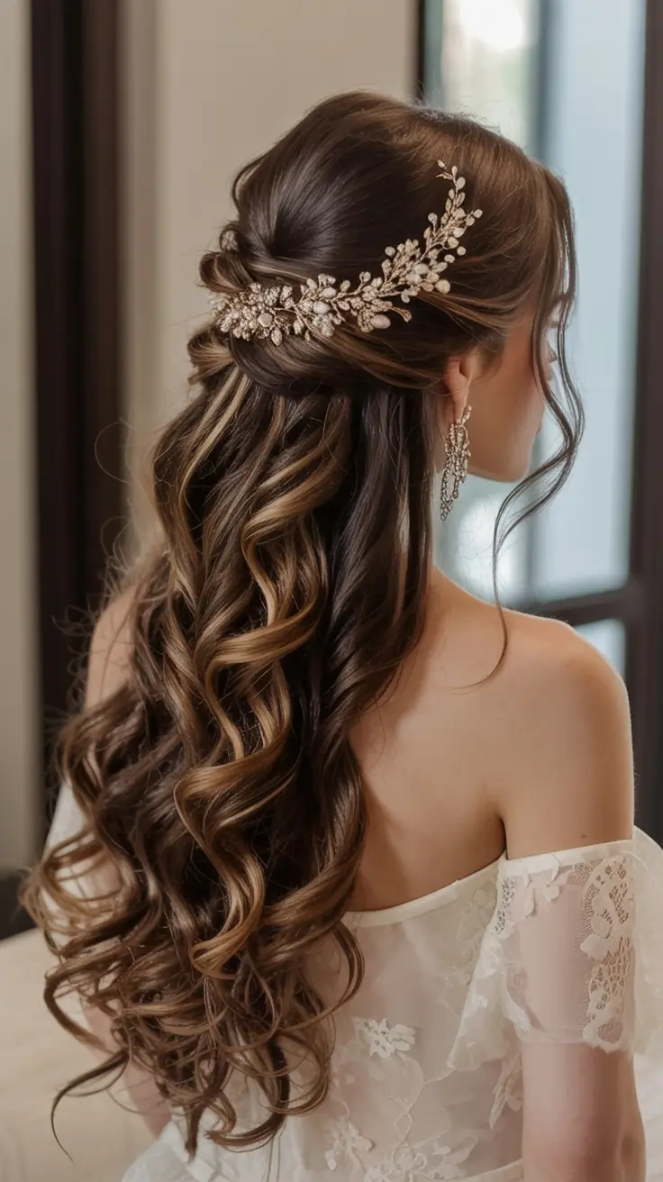 wedding hairstyle 2026 Voluminous Curls with Side Sweep and Gold Leaf Crown
