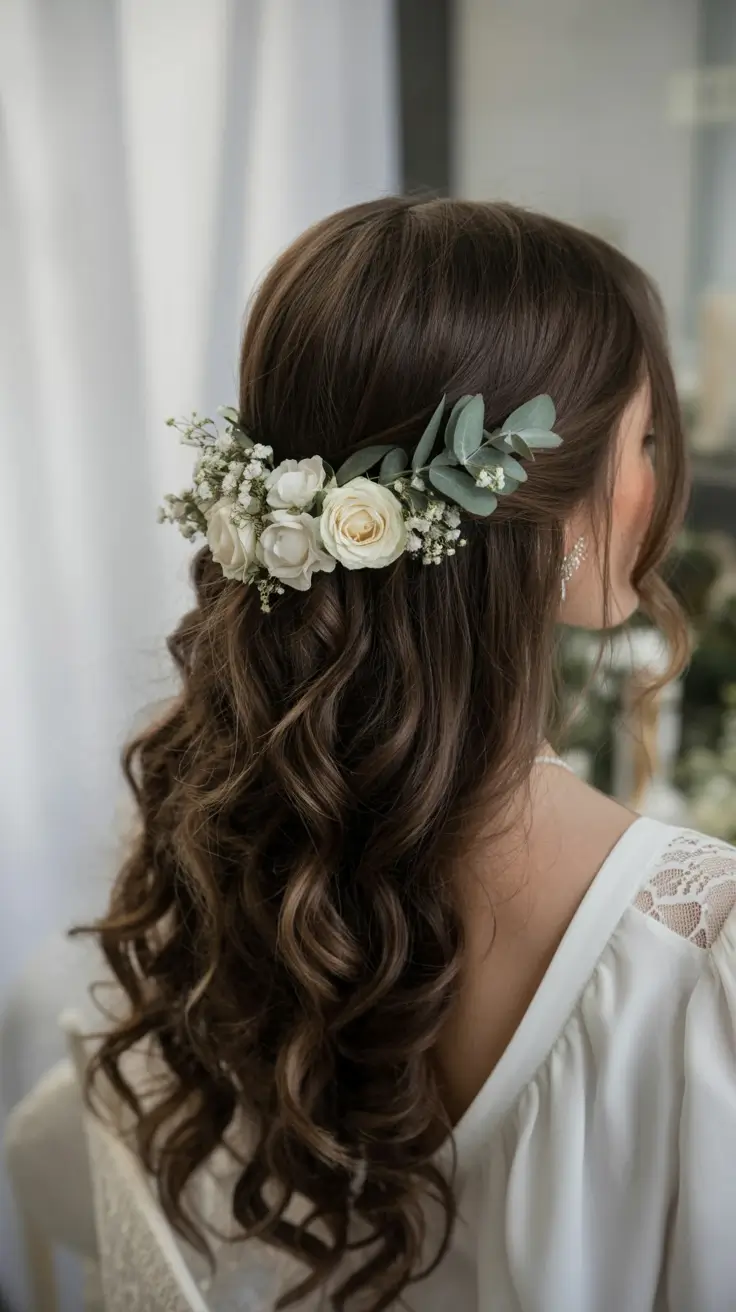 wedding hairstyle 2026 Boho Floral Half-Up with Real Roses