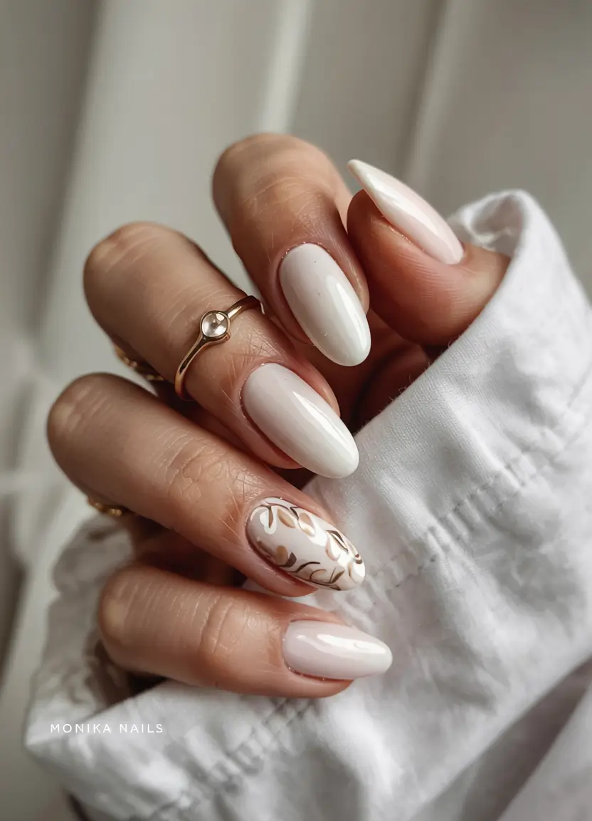 wedding nails 2026 Neutral Elegance with Golden Leaf Accent