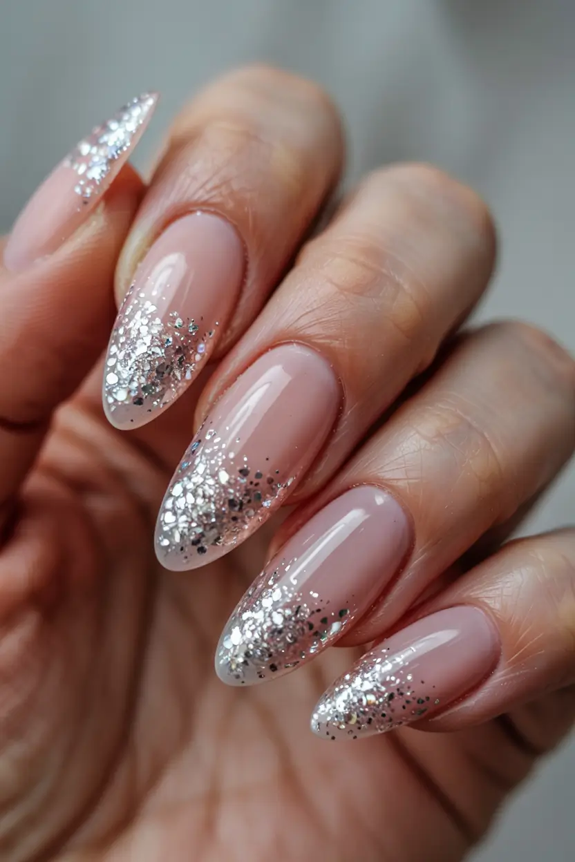 wedding nails 2026 Silver Glitter Fade on Almond Tips