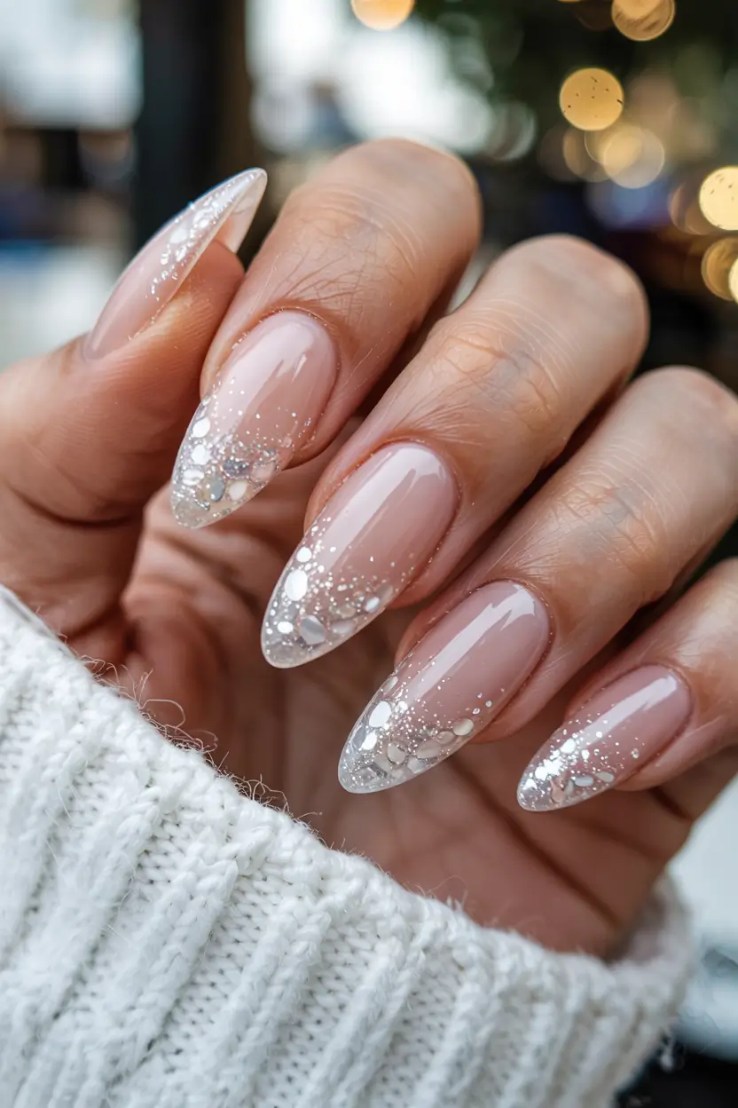 wedding nails 2026 Clear Tips with Silver Raindrop Sparkle