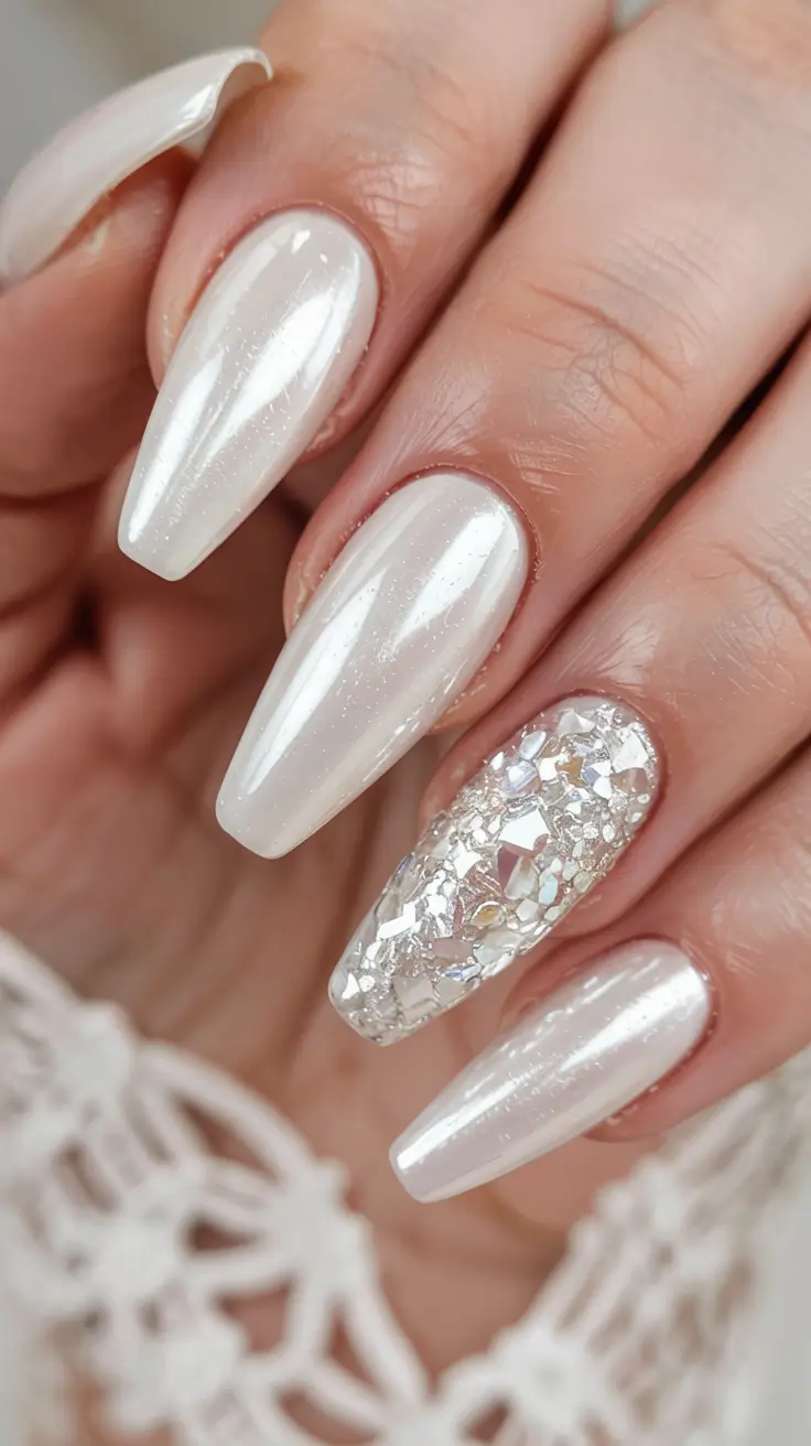 wedding nails 2026 Glazed Pearl Perfection with Crystal Contrast