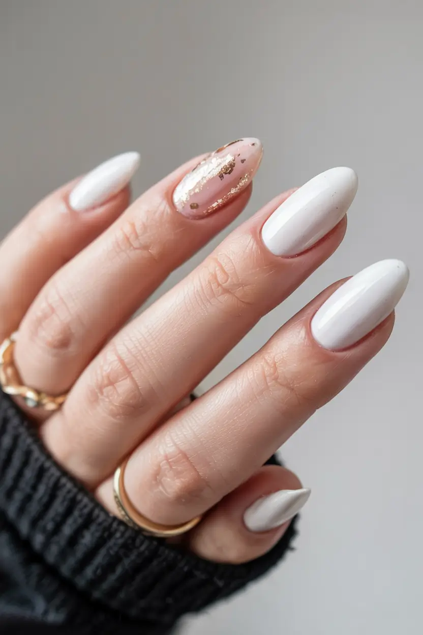 white nails 2026 Gold Leaf Meets Snowy Luxe