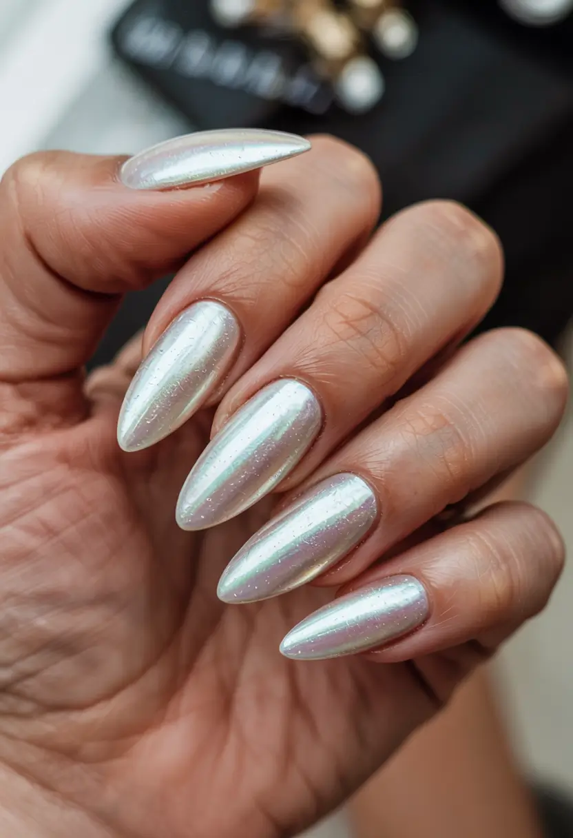 white nails 2026 Chrome Glaze with Holographic Glow
