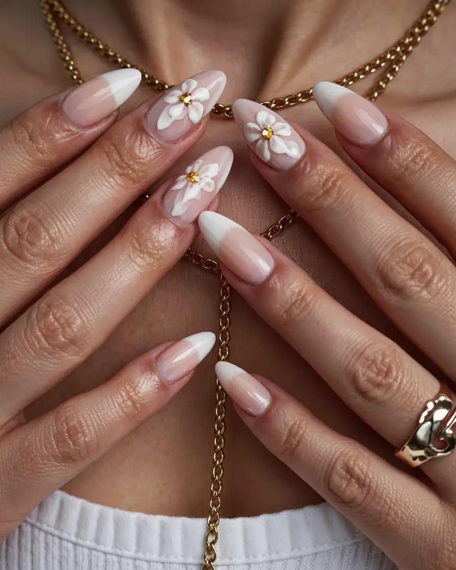 white nails 2026 3D Florals & Soft French Tips