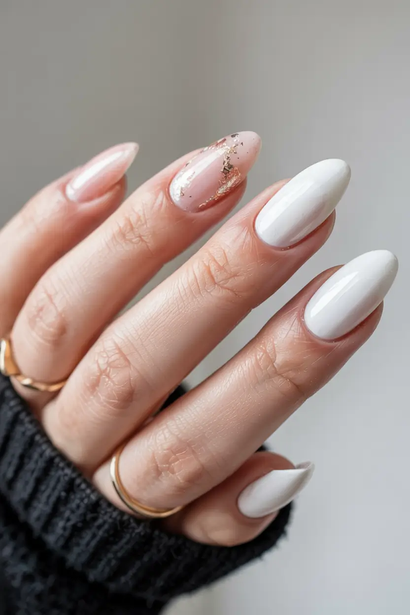 white nails 2026 Split Foil Accent on a Clean White Set