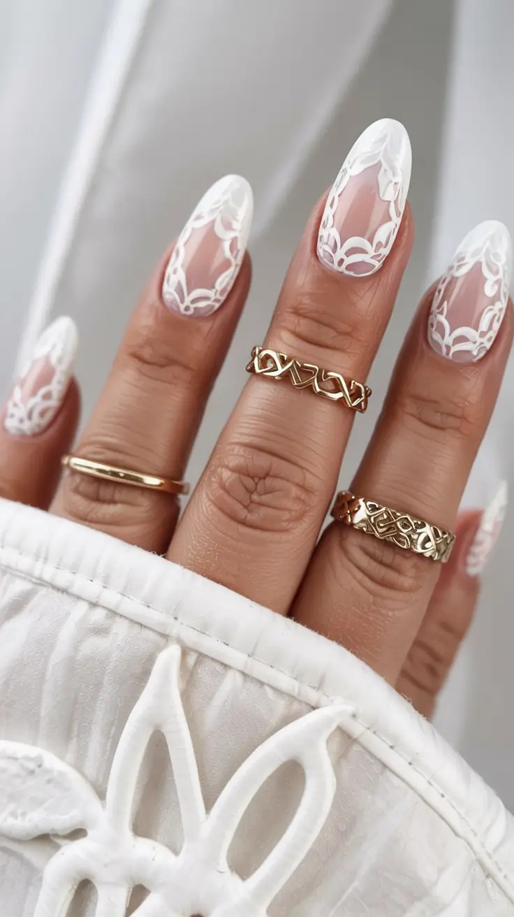 white nails 2026 White Lace Overlay on Bare Nails