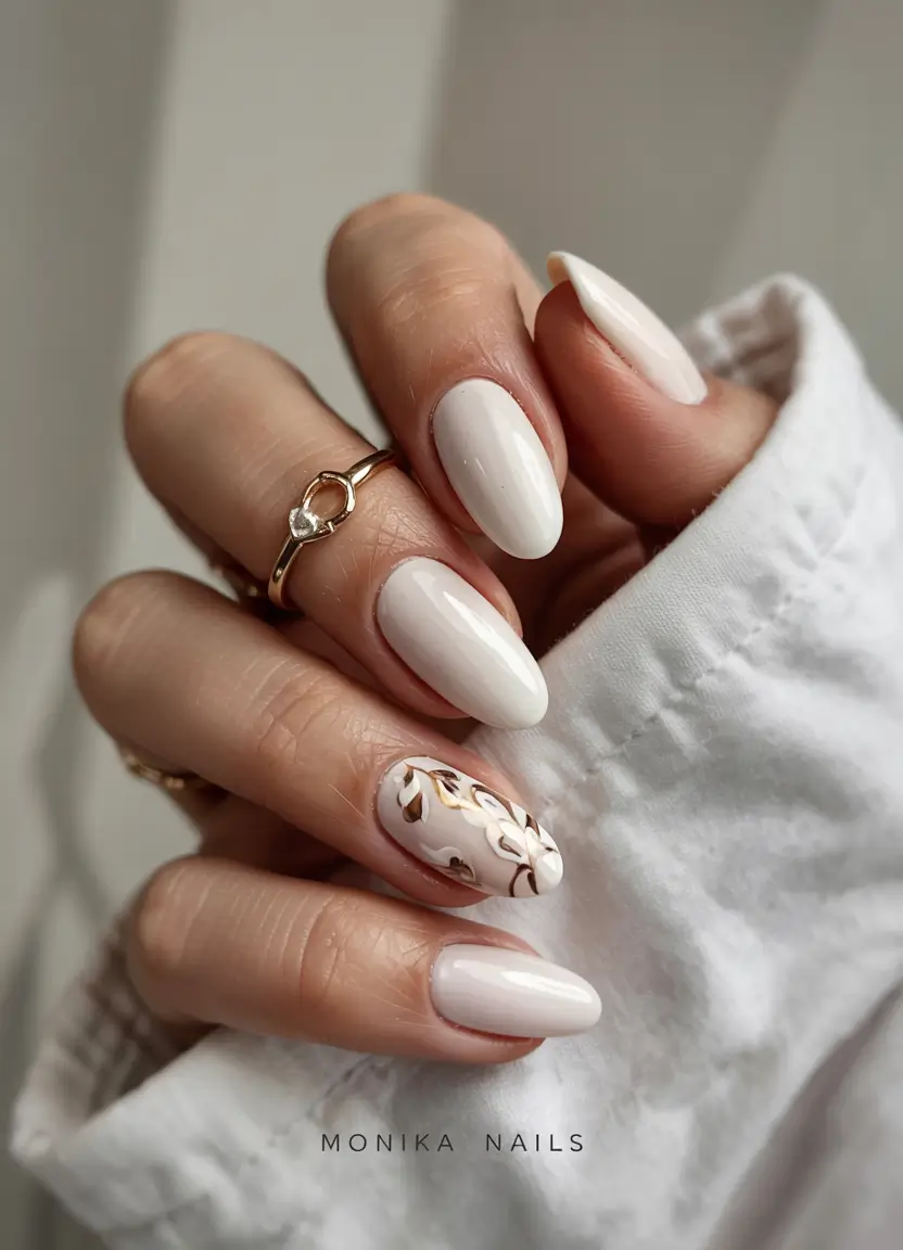 white nails 2026 Delicate Leaves on Porcelain Base