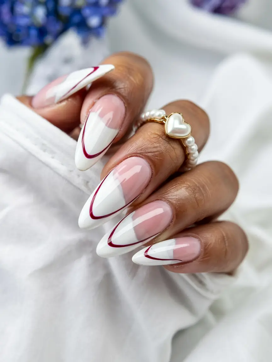white nails 2026 Double French with Red Outline