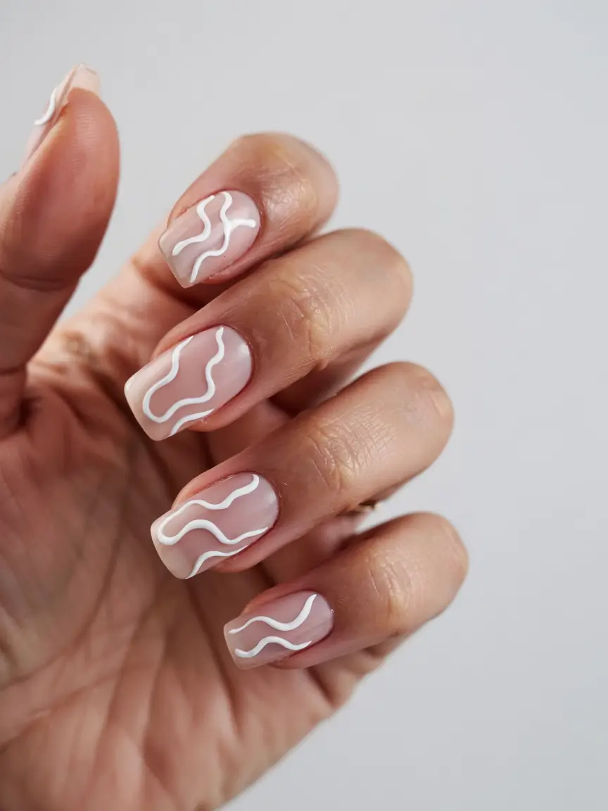 white nails 2026 White Squiggle Line Art on Nude Base