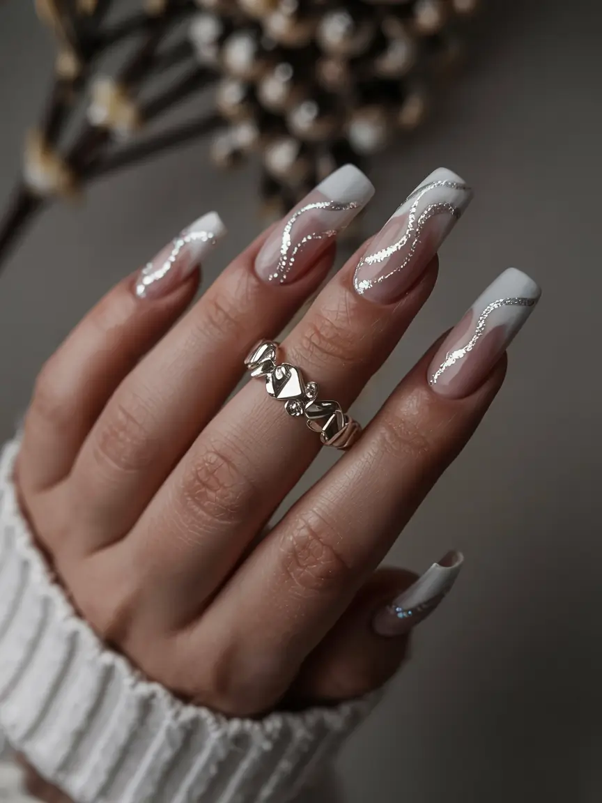 white nails 2026 French Fade with Glittering Silver Waves