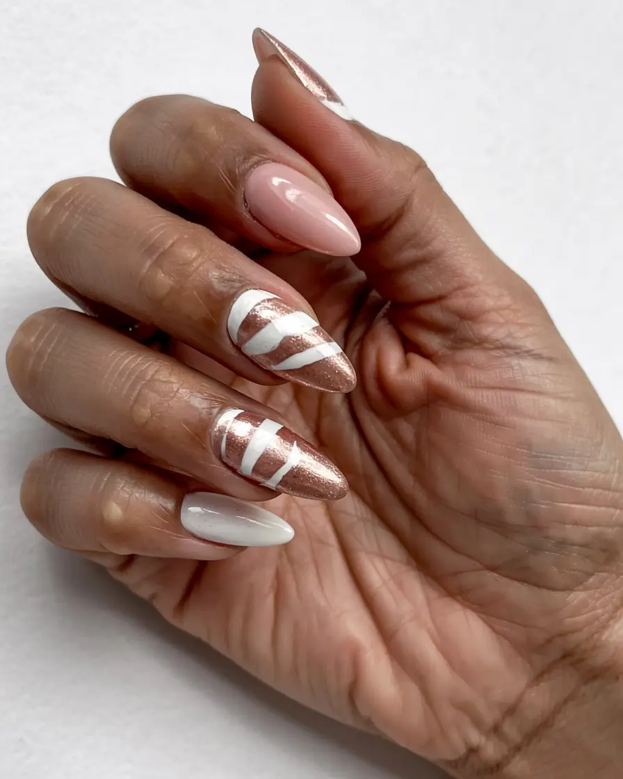 white nails 2026 Rose Gold and White Candy Stripes
