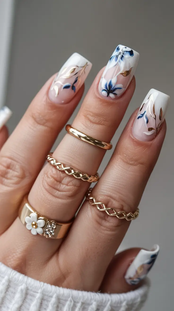 white nails 2026 Hand-Painted Florals with Blue and Gold Accents