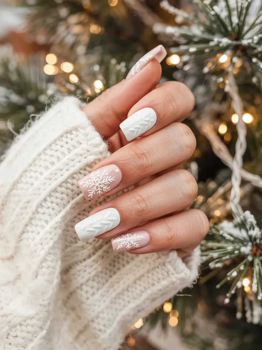 white nails 2026 Cozy Cable Knit and Snowflakes