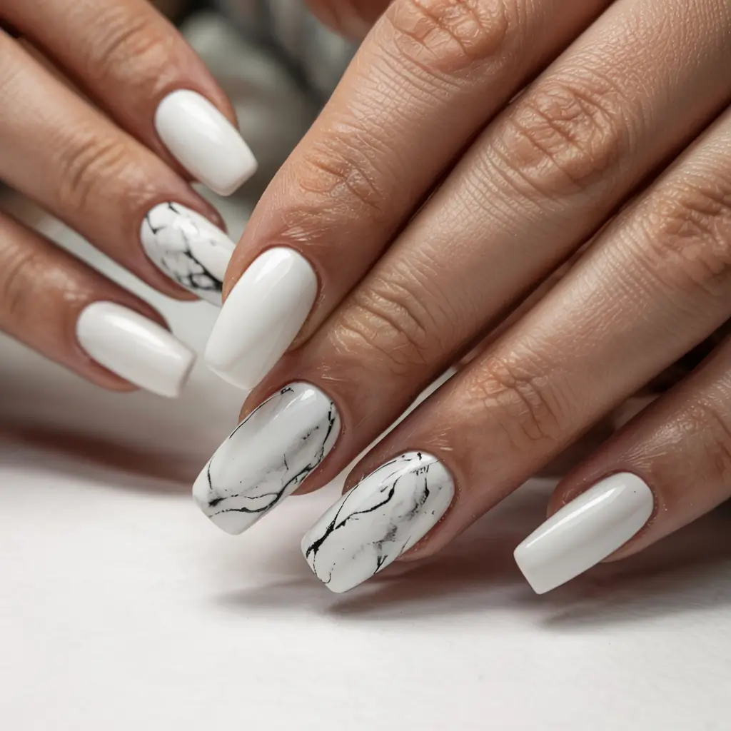 white nails 2026 White Marble Chic