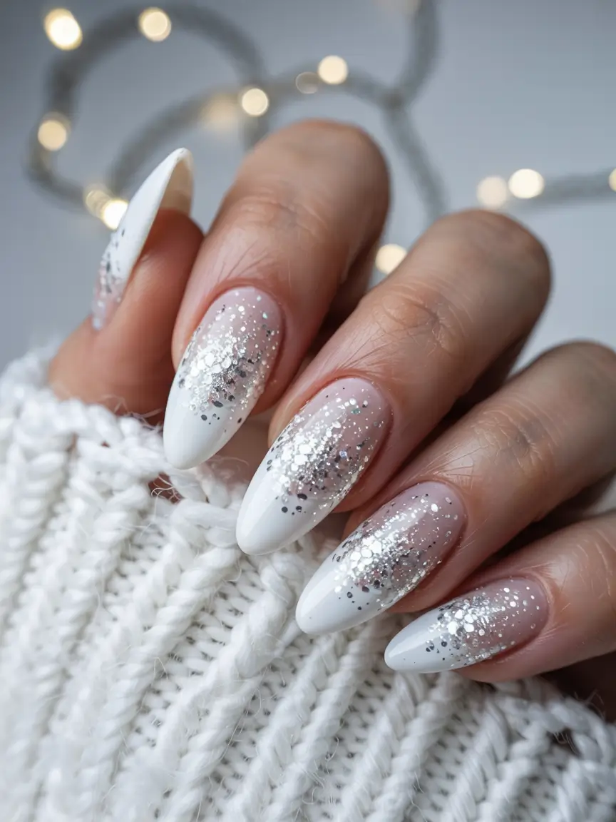 white nails 2026 Ombre Glitter Fade with a Frosty Twist