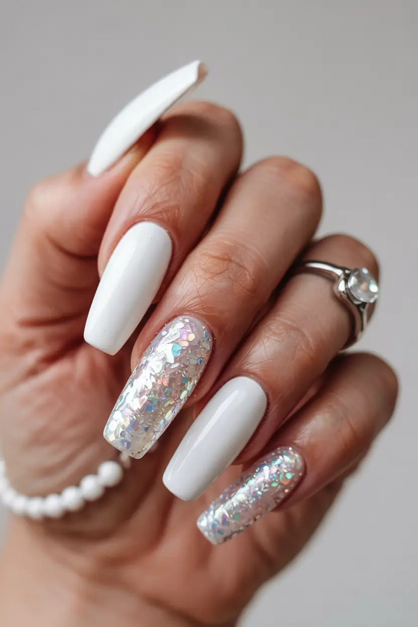 white nails 2026 Iridescent Confetti Meets Snow Queen Energy
