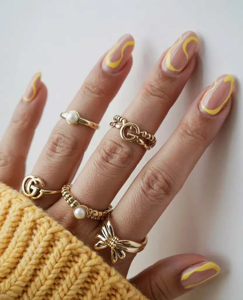 yellow nails 2026 Wavy Abstracts in Bright Neon Lemon