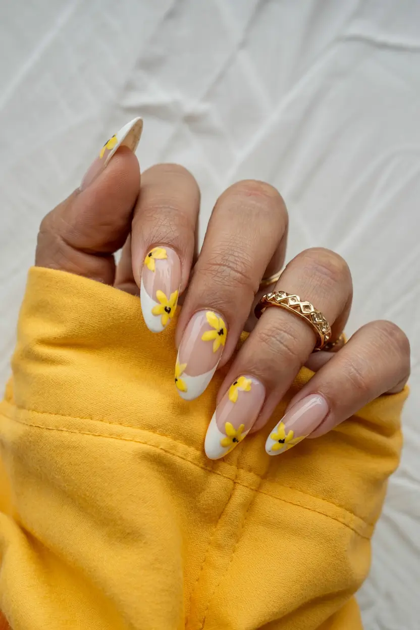 yellow nails 2026 French Daisy Tips With Spring Spirit
