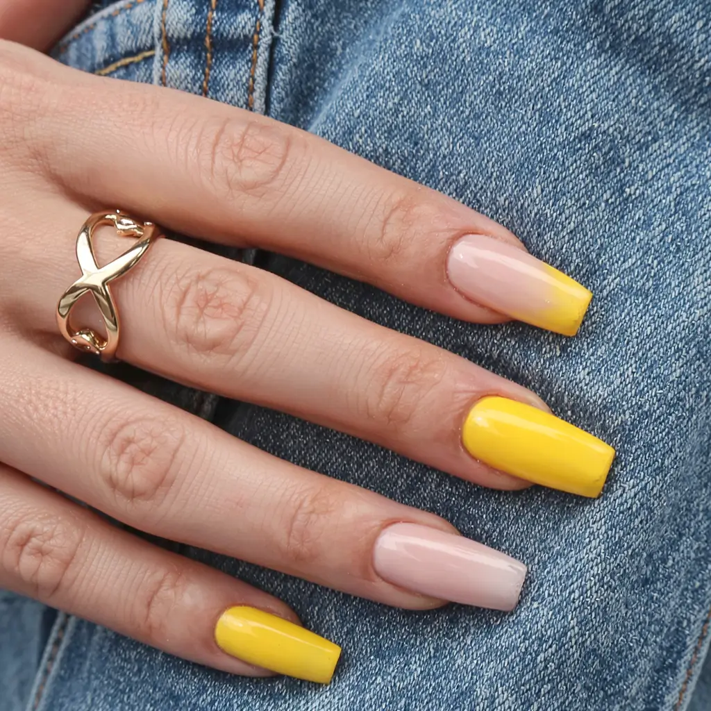yellow nails 2026 Half-and-Half Lemon Tips with Square Precision