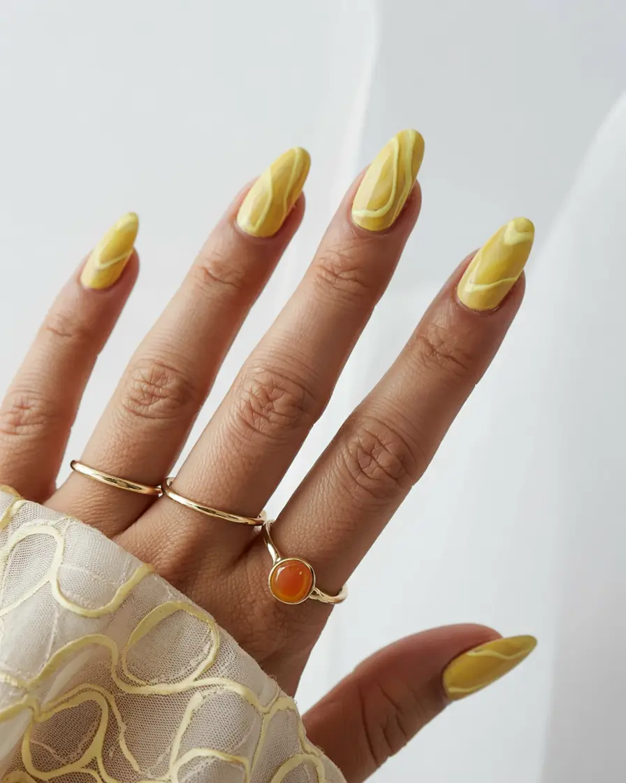 yellow nails 2026 Butter Marble Swirl on a Gauzy Veil