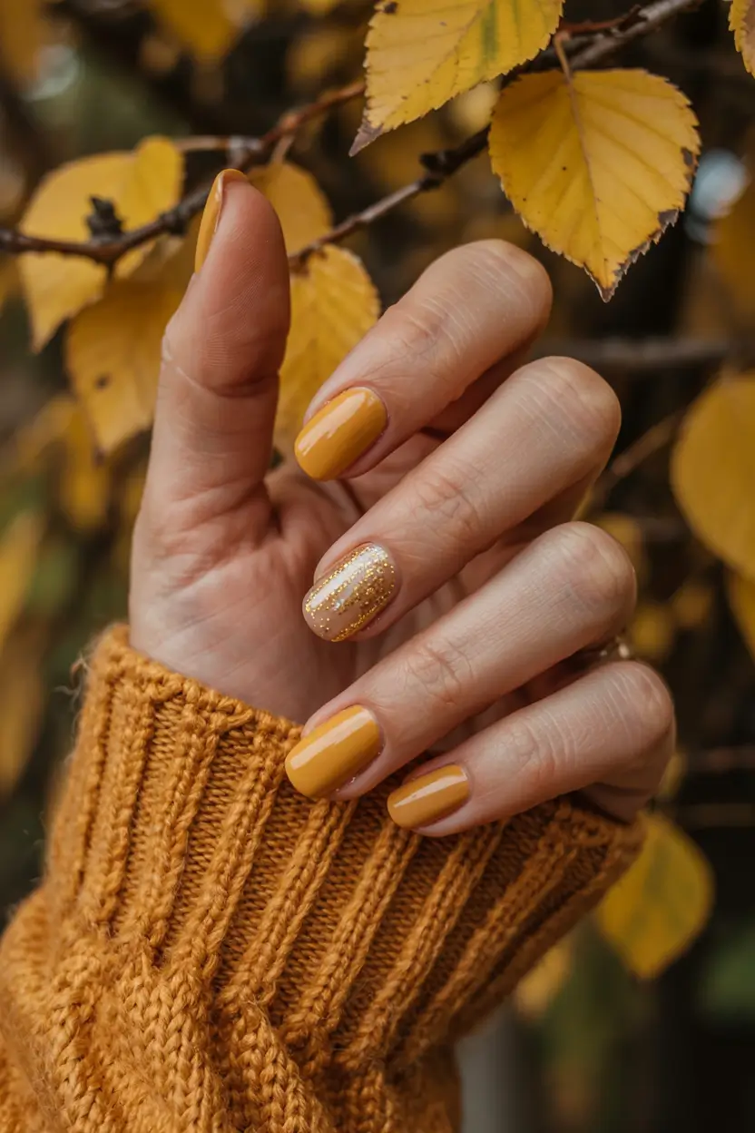 yellow nails 2026 Mustard Glow with Gold Accent on Short Nails