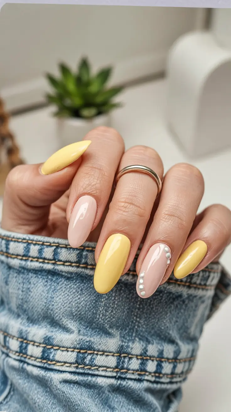 yellow nails 2026 Peach + Lemon Harmony with Pearl Detail
