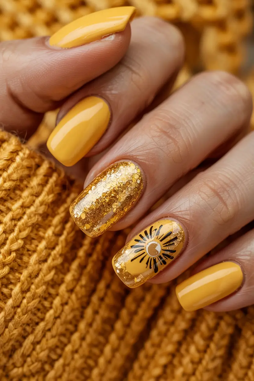 yellow nails 2026 Sunburst and Sparkle on Golden Hour Nails