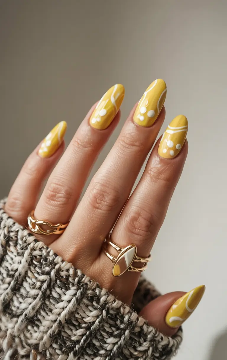 yellow nails 2026 Retro Dots and Loops on Mustard Base