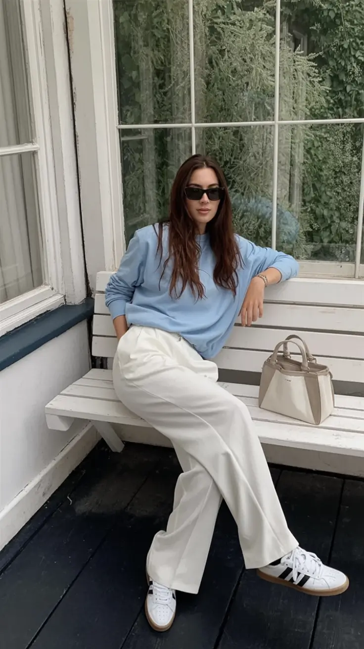 airport spring outfits for women 2026 Powder Blue Meets Cream Dream